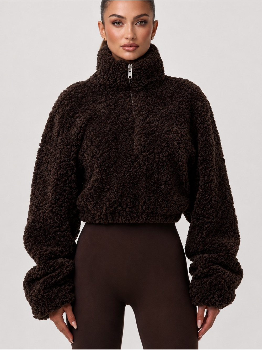 Naked Wardrobe Sherpa Quarter Zip Cropped Sweater Chocolate Brown XS NWT